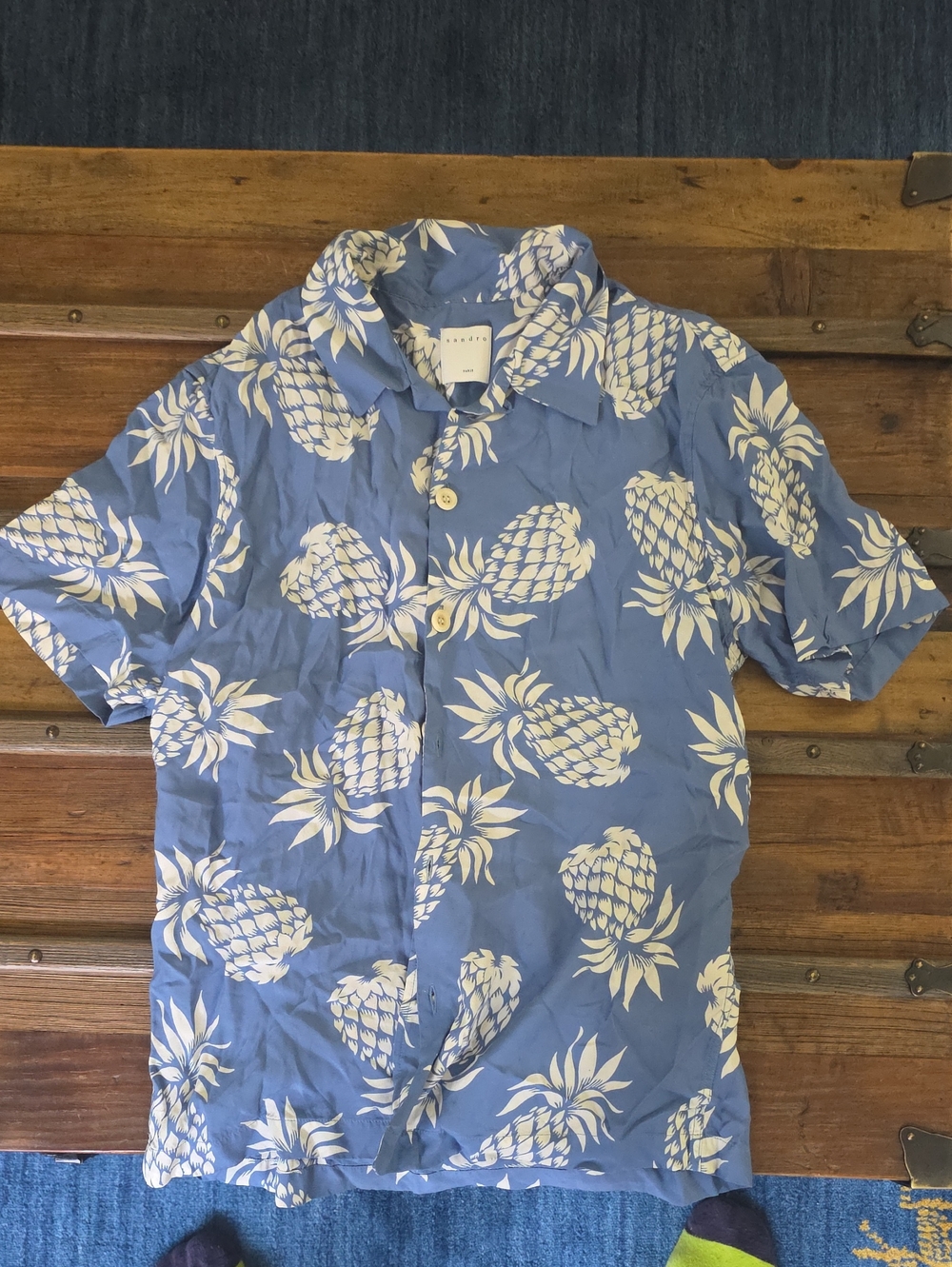 Sandro Blue Short-Sleeve Button-Down with White Pineapple Print